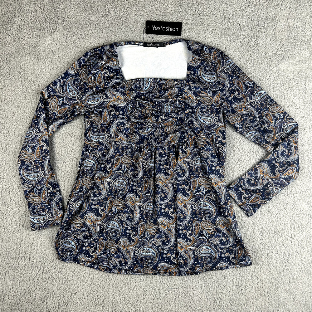 Yesfashion Women's Large Floral Blue Square Neck Ruched Empire Waist Tunic Top